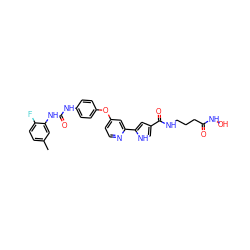 Cc1ccc(F)c(NC(=O)Nc2ccc(Oc3ccnc(-c4cc(C(=O)NCCCC(=O)NO)c[nH]4)c3)cc2)c1 ZINC000116236231