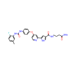 Cc1ccc(F)c(NC(=O)Nc2ccc(Oc3ccnc(-c4cc(C(=O)NCCCC(N)=O)c[nH]4)c3)cc2)c1 ZINC000116236220