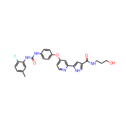 Cc1ccc(F)c(NC(=O)Nc2ccc(Oc3ccnc(-c4cc(C(=O)NCCCO)c[nH]4)c3)cc2)c1 ZINC000168577315