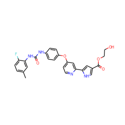 Cc1ccc(F)c(NC(=O)Nc2ccc(Oc3ccnc(-c4cc(C(=O)OCCO)c[nH]4)c3)cc2)c1 ZINC000116235634