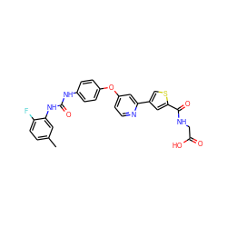 Cc1ccc(F)c(NC(=O)Nc2ccc(Oc3ccnc(-c4csc(C(=O)NCC(=O)O)c4)c3)cc2)c1 ZINC000169025127