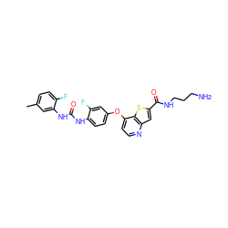 Cc1ccc(F)c(NC(=O)Nc2ccc(Oc3ccnc4cc(C(=O)NCCCN)sc34)cc2F)c1 ZINC000220037928