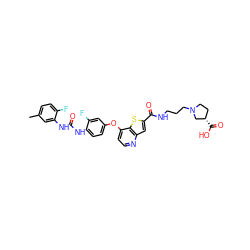 Cc1ccc(F)c(NC(=O)Nc2ccc(Oc3ccnc4cc(C(=O)NCCCN5CC[C@H](C(=O)O)C5)sc34)cc2F)c1 ZINC000220042568