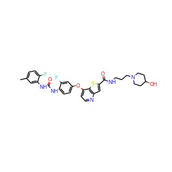 Cc1ccc(F)c(NC(=O)Nc2ccc(Oc3ccnc4cc(C(=O)NCCCN5CCC(O)CC5)sc34)cc2F)c1 ZINC000220032578