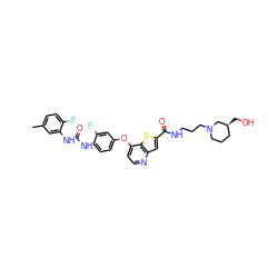 Cc1ccc(F)c(NC(=O)Nc2ccc(Oc3ccnc4cc(C(=O)NCCCN5CCC[C@H](CO)C5)sc34)cc2F)c1 ZINC000220026252