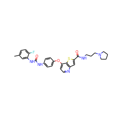 Cc1ccc(F)c(NC(=O)Nc2ccc(Oc3ccnc4cc(C(=O)NCCCN5CCCC5)sc34)cc2)c1 ZINC000219977702