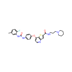 Cc1ccc(F)c(NC(=O)Nc2ccc(Oc3ccnc4cc(C(=O)NCCCN5CCCCC5)sc34)cc2)c1 ZINC000219977488