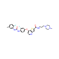 Cc1ccc(F)c(NC(=O)Nc2ccc(Oc3ccnc4cc(C(=O)NCCCN5CCN(C)CC5)sc34)cc2F)c1 ZINC000220026147