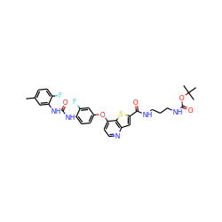 Cc1ccc(F)c(NC(=O)Nc2ccc(Oc3ccnc4cc(C(=O)NCCCNC(=O)OC(C)(C)C)sc34)cc2F)c1 ZINC000220037845