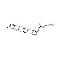 Cc1ccc(F)c(NC(=O)Nc2ccc(Oc3ccnc4cc(C(=O)NCCCO)sc34)cc2F)c1 ZINC000220047588