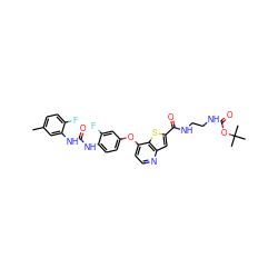 Cc1ccc(F)c(NC(=O)Nc2ccc(Oc3ccnc4cc(C(=O)NCCNC(=O)OC(C)(C)C)sc34)cc2F)c1 ZINC000220026059