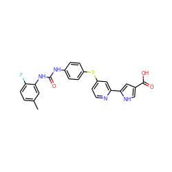 Cc1ccc(F)c(NC(=O)Nc2ccc(Sc3ccnc(-c4cc(C(=O)O)c[nH]4)c3)cc2)c1 ZINC000168866483