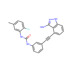 Cc1ccc(F)c(NC(=O)Nc2cccc(C#Cc3cccc4[nH]nc(N)c34)c2)c1 ZINC001772597248