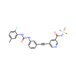 Cc1ccc(F)c(NC(=O)Nc2cccc(C#Cc3cncc(C(=O)N=S(C)(C)=O)c3)c2)c1 ZINC001772656264