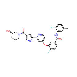 Cc1ccc(F)c(NC(=O)c2ccc(F)c(Oc3ccnc(-c4cc(C(=O)N5CCC[C@@H](O)C5)c[nH]4)c3)c2)c1 ZINC000116235750