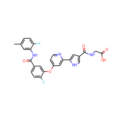 Cc1ccc(F)c(NC(=O)c2ccc(F)c(Oc3ccnc(-c4cc(C(=O)NCC(=O)O)c[nH]4)c3)c2)c1 ZINC000116236475