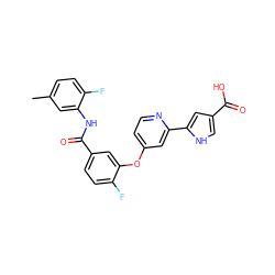 Cc1ccc(F)c(NC(=O)c2ccc(F)c(Oc3ccnc(-c4cc(C(=O)O)c[nH]4)c3)c2)c1 ZINC000116235756