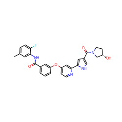 Cc1ccc(F)c(NC(=O)c2cccc(Oc3ccnc(-c4cc(C(=O)N5CC[C@H](O)C5)c[nH]4)c3)c2)c1 ZINC000116233690