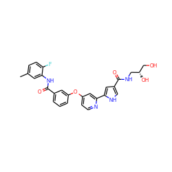 Cc1ccc(F)c(NC(=O)c2cccc(Oc3ccnc(-c4cc(C(=O)NC[C@@H](O)CO)c[nH]4)c3)c2)c1 ZINC000116238067