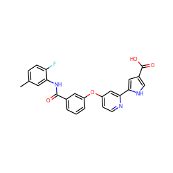 Cc1ccc(F)c(NC(=O)c2cccc(Oc3ccnc(-c4cc(C(=O)O)c[nH]4)c3)c2)c1 ZINC000116235706