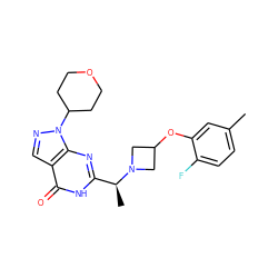 Cc1ccc(F)c(OC2CN([C@@H](C)c3nc4c(cnn4C4CCOCC4)c(=O)[nH]3)C2)c1 ZINC001772629737