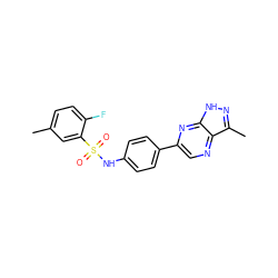 Cc1ccc(F)c(S(=O)(=O)Nc2ccc(-c3cnc4c(C)n[nH]c4n3)cc2)c1 ZINC000103256113