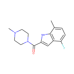 Cc1ccc(F)c2cc(C(=O)N3CCN(C)CC3)[nH]c12 ZINC000084654852