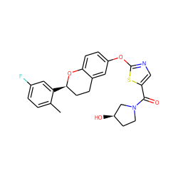 Cc1ccc(F)cc1[C@@H]1CCc2cc(Oc3ncc(C(=O)N4CC[C@@H](O)C4)s3)ccc2O1 ZINC000145594253