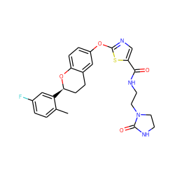 Cc1ccc(F)cc1[C@@H]1CCc2cc(Oc3ncc(C(=O)NCCN4CCNC4=O)s3)ccc2O1 ZINC000169710733