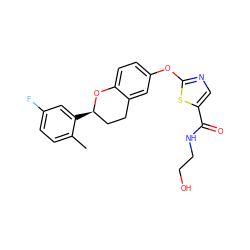 Cc1ccc(F)cc1[C@@H]1CCc2cc(Oc3ncc(C(=O)NCCO)s3)ccc2O1 ZINC000169710727