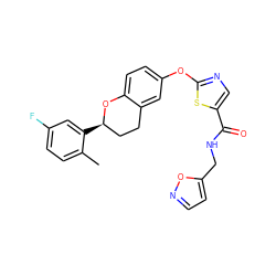 Cc1ccc(F)cc1[C@@H]1CCc2cc(Oc3ncc(C(=O)NCc4ccno4)s3)ccc2O1 ZINC000169710729