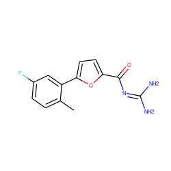 Cc1ccc(F)cc1-c1ccc(C(=O)N=C(N)N)o1 ZINC000013829395