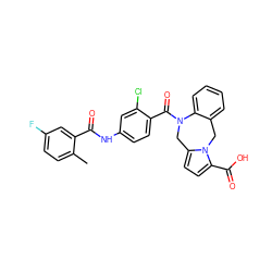 Cc1ccc(F)cc1C(=O)Nc1ccc(C(=O)N2Cc3ccc(C(=O)O)n3Cc3ccccc32)c(Cl)c1 ZINC000027865515