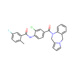 Cc1ccc(F)cc1C(=O)Nc1ccc(C(=O)N2Cc3cccn3Cc3ccccc32)cc1Cl ZINC000013780020