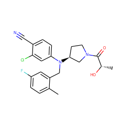 Cc1ccc(F)cc1CN(c1ccc(C#N)c(Cl)c1)[C@H]1CCN(C(=O)[C@H](C)O)C1 ZINC000045324069