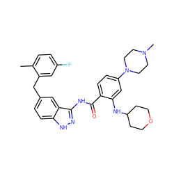 Cc1ccc(F)cc1Cc1ccc2[nH]nc(NC(=O)c3ccc(N4CCN(C)CC4)cc3NC3CCOCC3)c2c1 ZINC000200763108