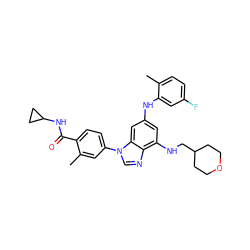 Cc1ccc(F)cc1Nc1cc(NCC2CCOCC2)c2ncn(-c3ccc(C(=O)NC4CC4)c(C)c3)c2c1 ZINC000147662645