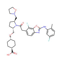 Cc1ccc(F)cc1Nc1nc2ccc(CC(=O)N3[C@H](CO[C@H]4CC[C@H](C(=O)O)CC4)CC[C@H]3CN3CCCO3)c(F)c2o1 ZINC000261156448