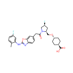 Cc1ccc(F)cc1Nc1nc2ccc(CC(=O)N3C[C@@H](F)C[C@H]3CO[C@H]3CC[C@H](C(=O)O)CC3)cc2o1 ZINC000253679043