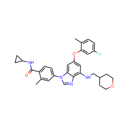 Cc1ccc(F)cc1Oc1cc(NCC2CCOCC2)c2ncn(-c3ccc(C(=O)NC4CC4)c(C)c3)c2c1 ZINC000147715245