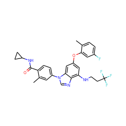 Cc1ccc(F)cc1Oc1cc(NCCC(F)(F)F)c2ncn(-c3ccc(C(=O)NC4CC4)c(C)c3)c2c1 ZINC000147694811