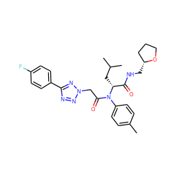 Cc1ccc(N(C(=O)Cn2nnc(-c3ccc(F)cc3)n2)[C@H](CC(C)C)C(=O)NC[C@@H]2CCCO2)cc1 ZINC000008666993