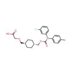 Cc1ccc(N(C(=O)OC[C@H]2CC[C@H](COCC(=O)O)CC2)c2cccc(F)c2)cc1 ZINC001772574795