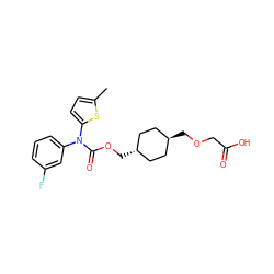 Cc1ccc(N(C(=O)OC[C@H]2CC[C@H](COCC(=O)O)CC2)c2cccc(F)c2)s1 ZINC001772641518