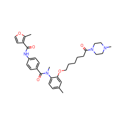 Cc1ccc(N(C)C(=O)c2ccc(NC(=O)c3ccoc3C)cc2)c(OCCCCCC(=O)N2CCN(C)CC2)c1 ZINC000026390297