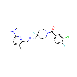 Cc1ccc(N(C)C)nc1CNCC1(F)CCN(C(=O)c2ccc(F)c(Cl)c2)CC1 ZINC000013797304