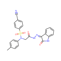 Cc1ccc(N(CC(=O)N/N=C2\C(=O)Nc3ccccc32)S(=O)(=O)c2ccc(C#N)cc2)cc1 ZINC000013677362