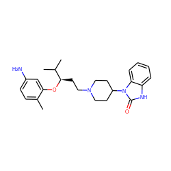 Cc1ccc(N)cc1O[C@H](CCN1CCC(n2c(=O)[nH]c3ccccc32)CC1)C(C)C ZINC000028135462