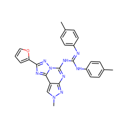 Cc1ccc(N=C(Nc2ccc(C)cc2)Nc2nc3nn(C)cc3c3nc(-c4ccco4)nn23)cc1 ZINC000473122471