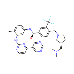 Cc1ccc(N[C@H](O)c2ccc(CN3CC[C@@H](CN(C)C)C3)c(C(F)(F)F)c2)cc1Nc1nccc(-c2cncnc2)n1 ZINC000028818951